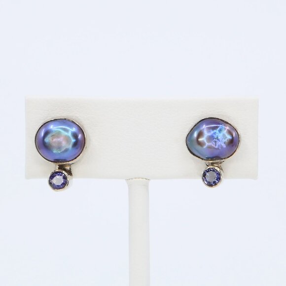 Jewelry - Handmade 925 Sterling Silver Purple Pearls With Crystal Accents Post Earrings